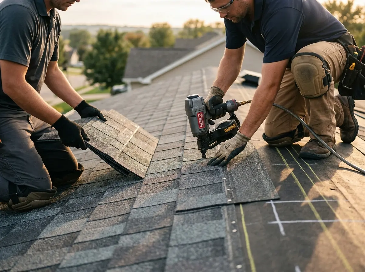 Professional roofer working on a residential roof in Westchase